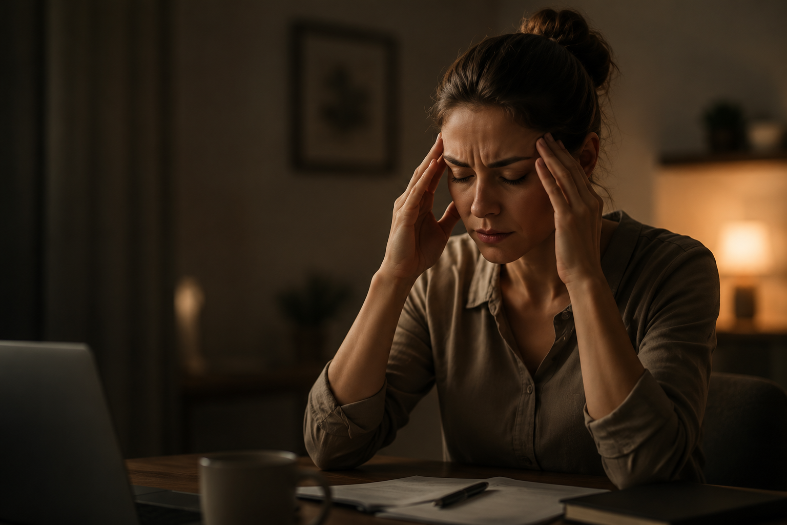 Mujer con dolor de cabeza por tensión cervical